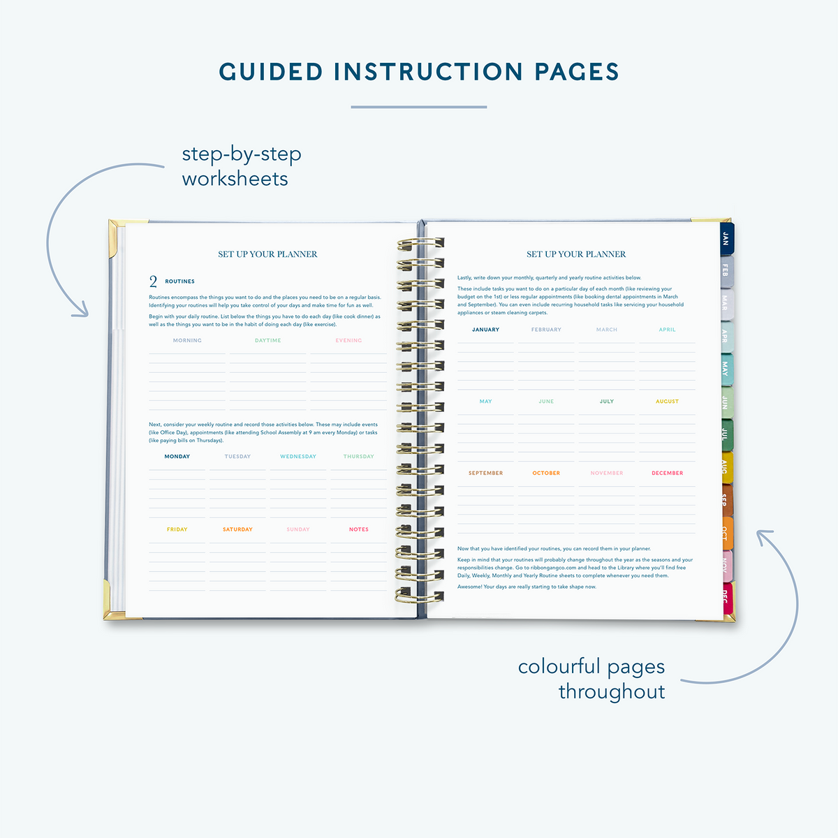 A French blue spiral bound 2027 planner  on a white background open to show guided instruction pages directing the user how to set up their planner.