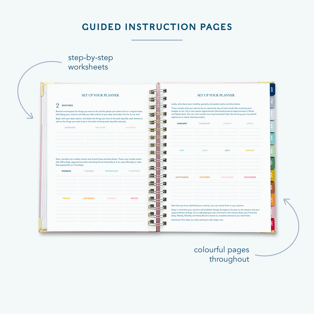 A blush pink spiral bound 2027 planner  on a white background open to show guided instruction pages directing the user how to set up their planner.