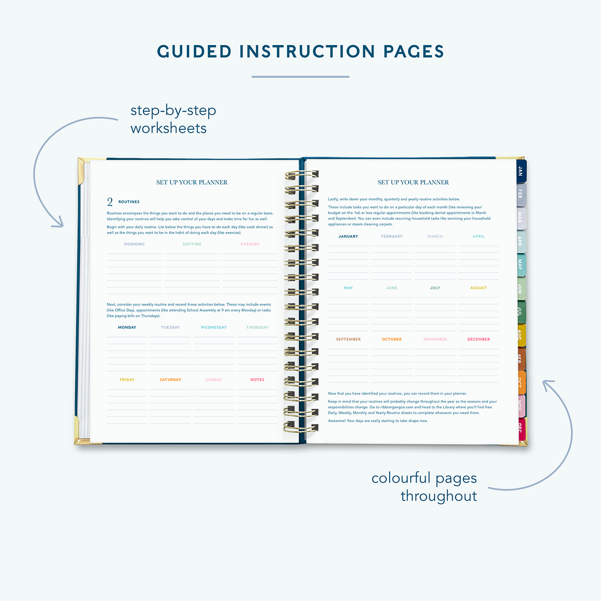 A classic navy spiral bound 2027 planner  on a white background open to show guided instruction pages directing the user how to set up their planner.