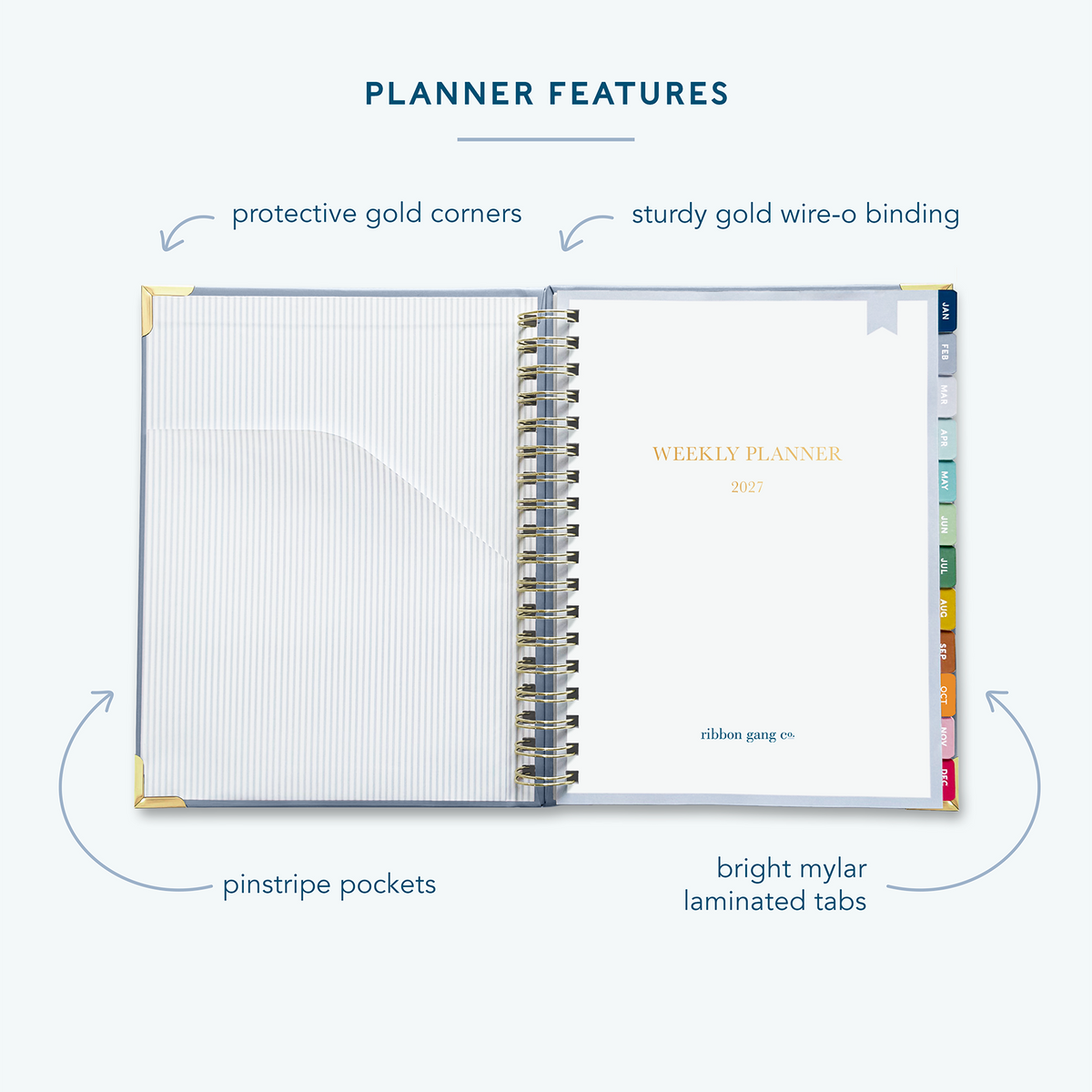 A french blue spiral bound 2027 planner on a white background open to the first page showing a pocket inside the front cover and a title page.