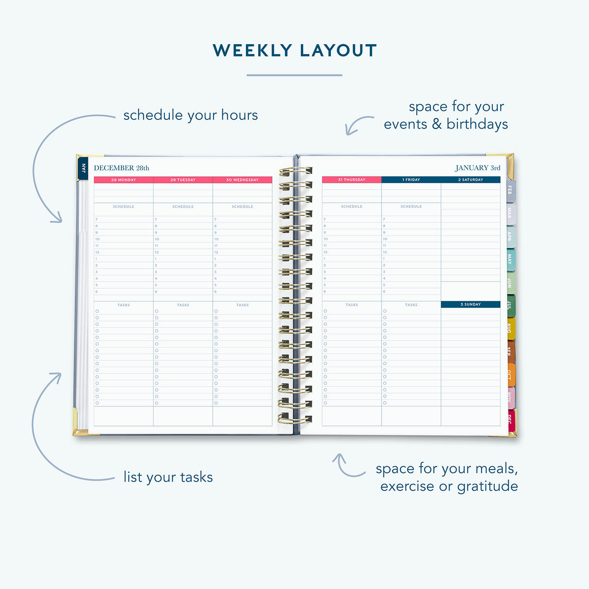 A French blue spiral bound 2027 planner  on a white background open to show the weekly spread over two pages.
