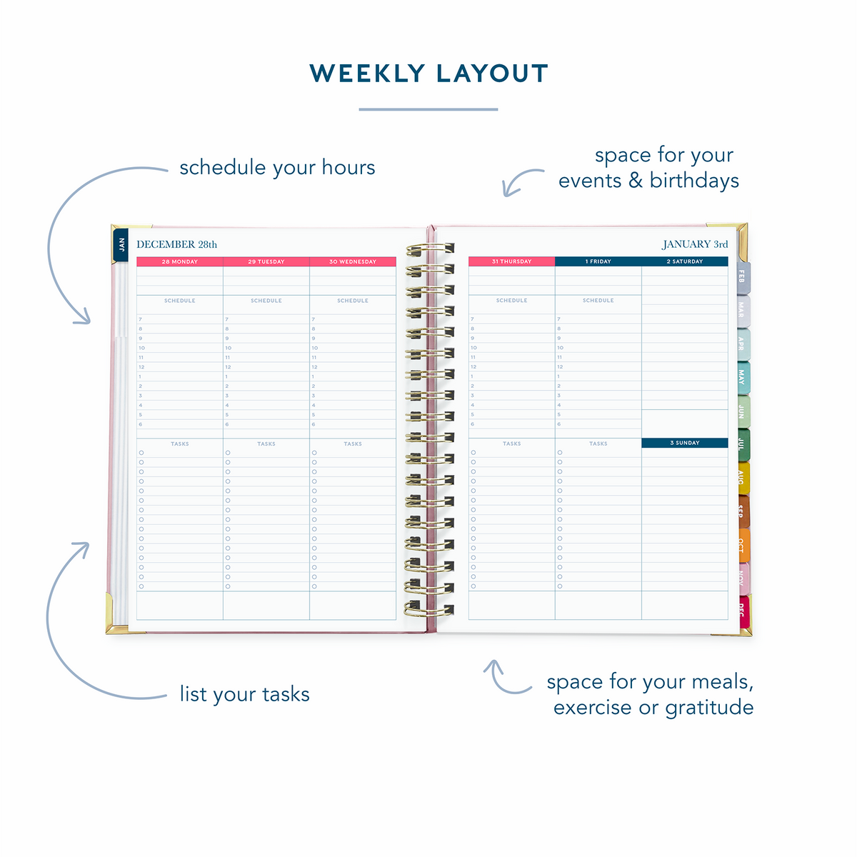 A blush pink spiral bound 2027 planner  on a white background open to show the weekly spread over two pages.
