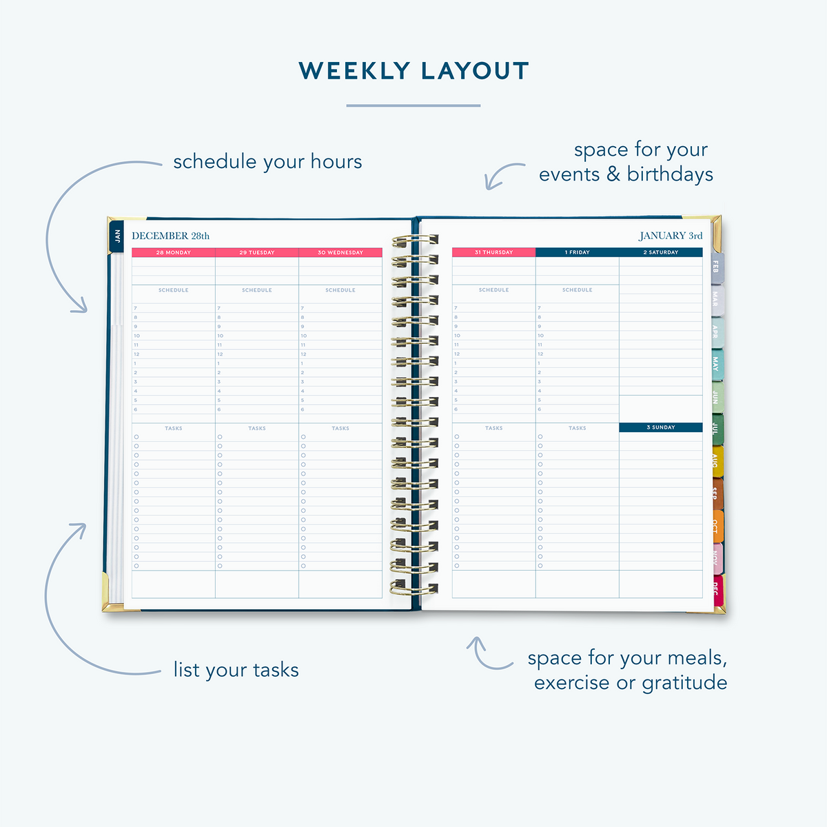 A classic navy spiral bound 2027 planner  on a white background open to show the weekly spread over two pages.