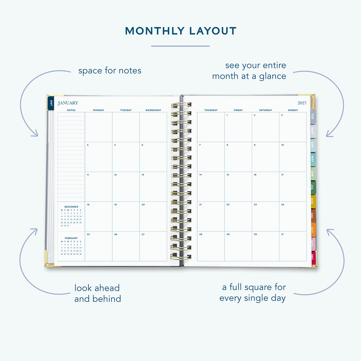 A French blue spiral bound 2027 planner  on a white background open to show the monthly spread over two pages.