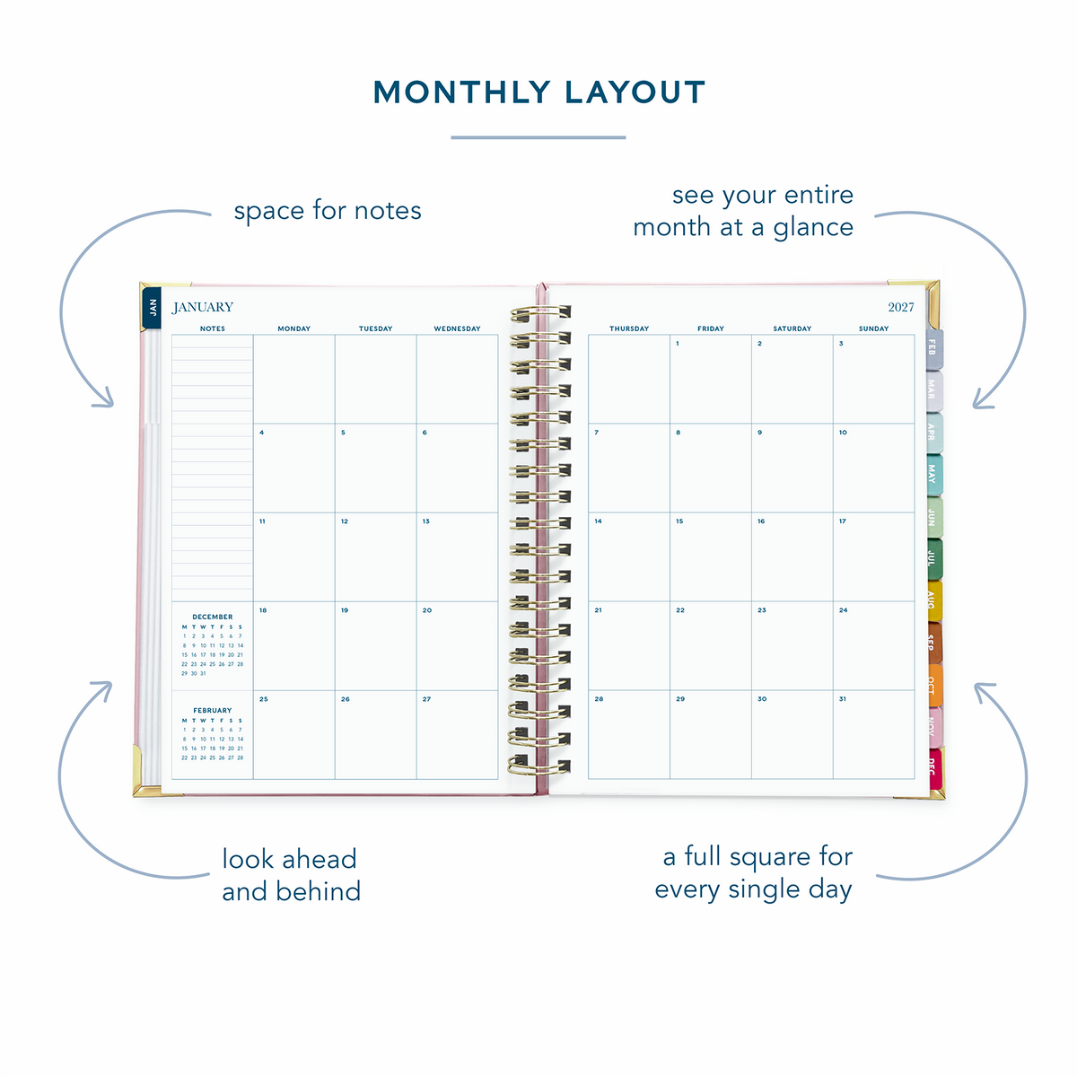 A blush pink spiral bound 2027 planner  on a white background open to show the monthly spread over two pages.