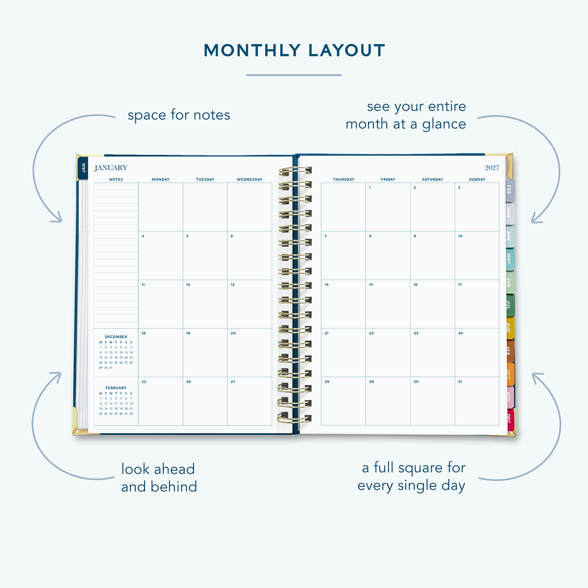 A classic navy spiral bound 2027 planner  on a white background open to show the monthly spread over two pages.
