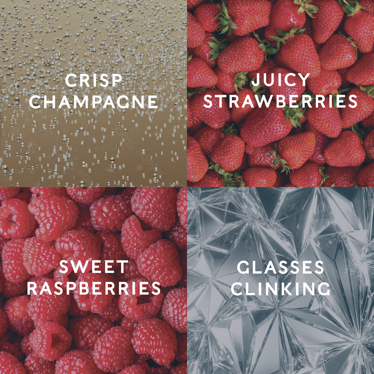 Four square sections with different textures and text labels: 'Crisp Champagne', 'Juicy Strawberries', 'Sweet Raspberries', and 'Glasses Clinking' showing the candle scents.
