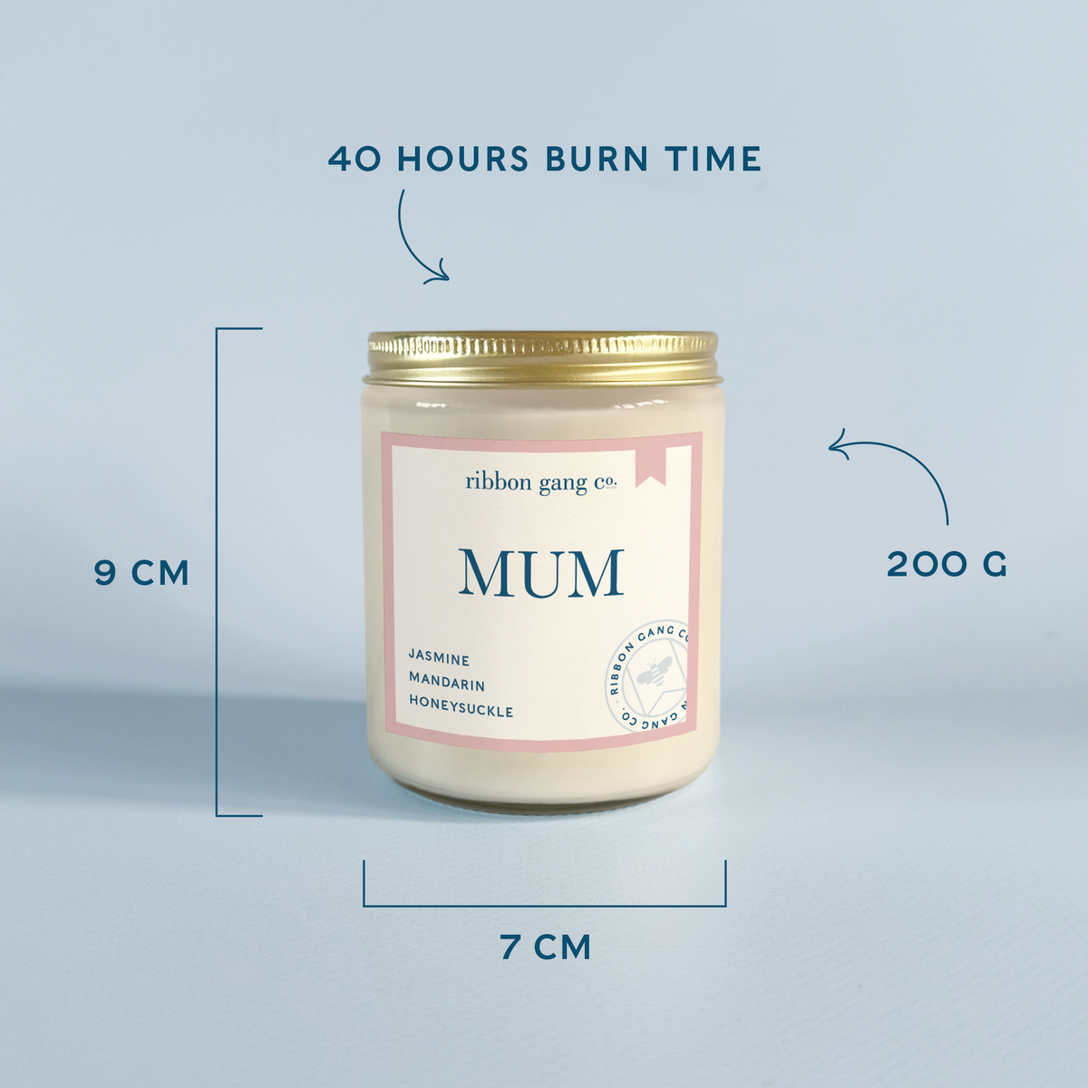 A jar candle labeled 'MUM' by ribbon gang co. shown on a light blue background with measurement callouts indicating 9 cm height, 7 cm width, 200 g weight, and 40 hours burn time.