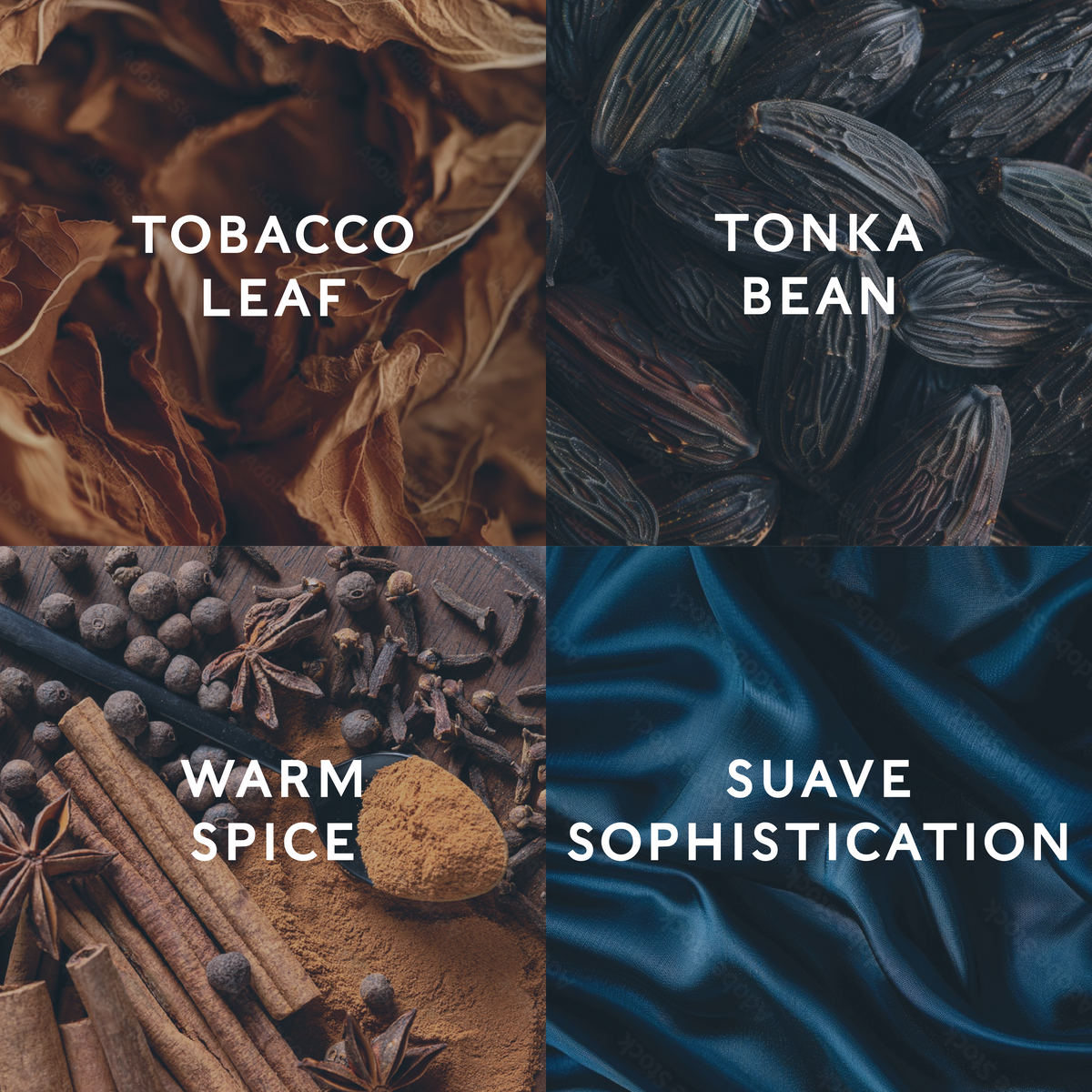 Four categories of spices and textures with descriptive text overlay demonstrating the candle scent notes.